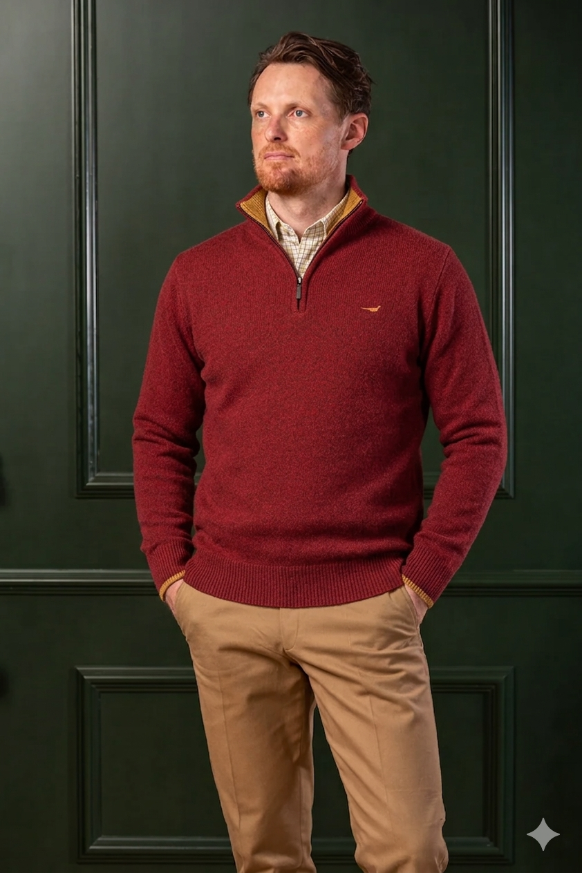 Brompton Zip Neck Lammeuld Sweater – Wine